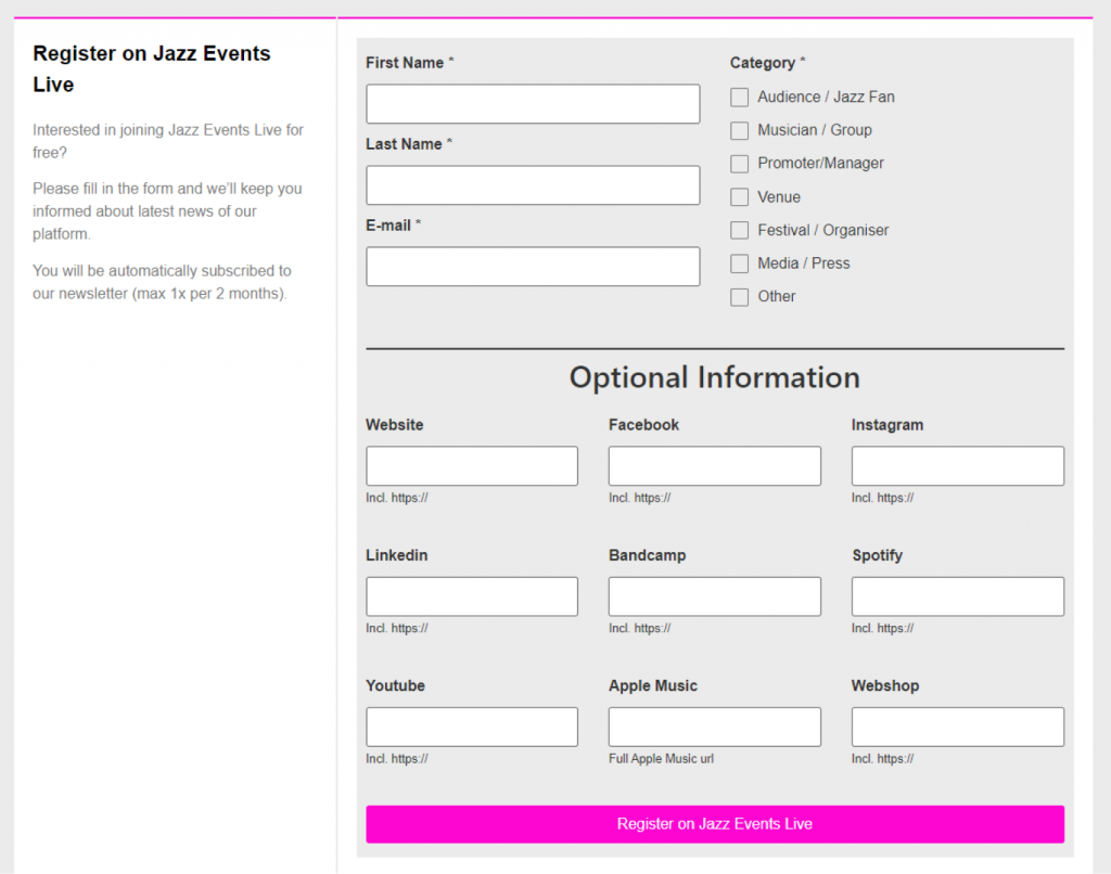 Jazz Events Live Event Registration Form