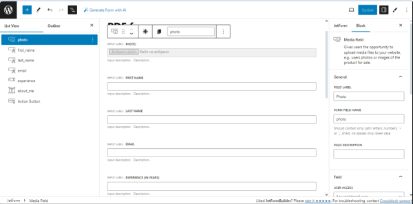 jetformbuilder form with added fields