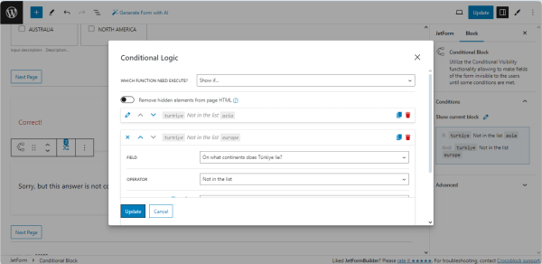 not in the list operator applied to the conditional block