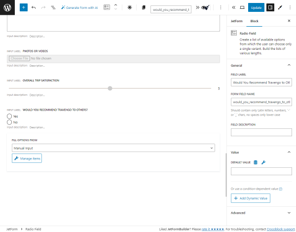 radio form field with yes and no options