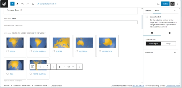 selecting the control type for the advanced choice control