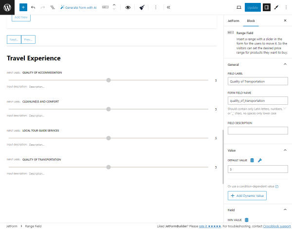 range fields for the evaluation form