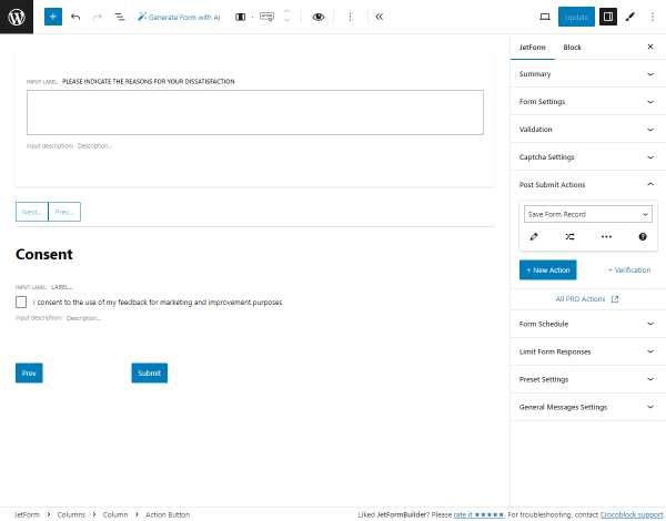 save form record action for the evaluation form