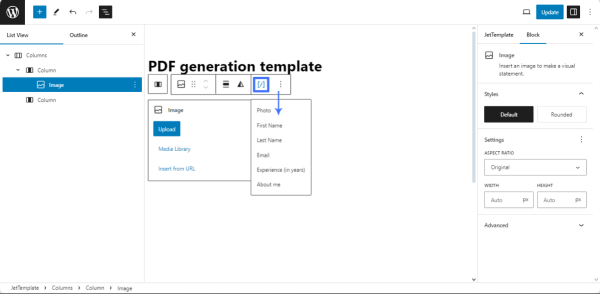 selecting the form field to be added in a template