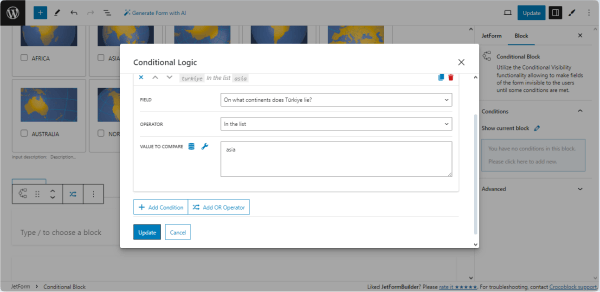 setting conditions for the advanced choice field with the multiple choice