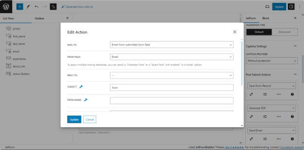 setting the send email action