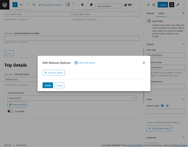 show bulk options for the select form field