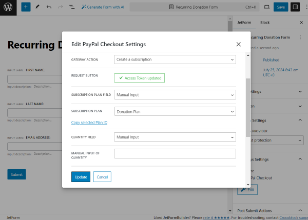 subscription settings for recurring donation form