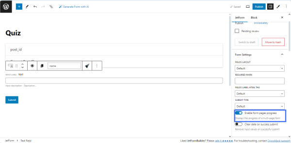 the enable form progress toggle activated