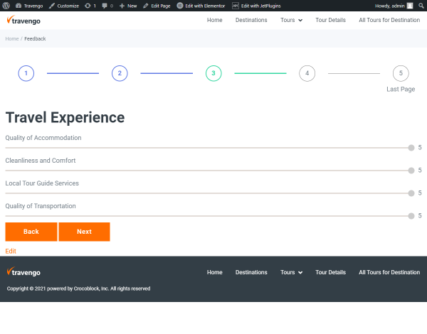 travel experience section in the evaluation form with the range fields