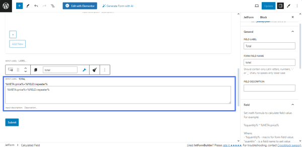 calculated field on the form