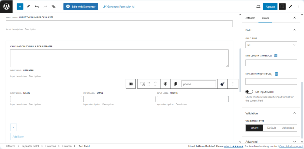 column and text fields added inside the repeater field