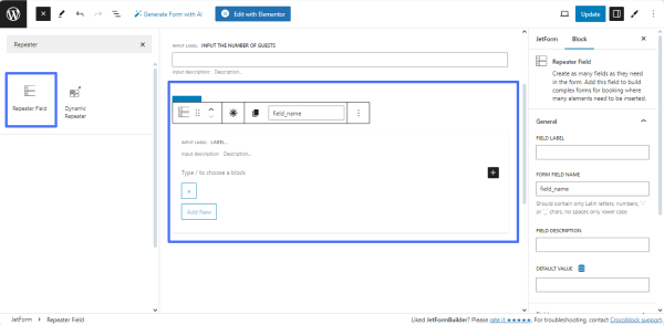 the repeater field added to the form