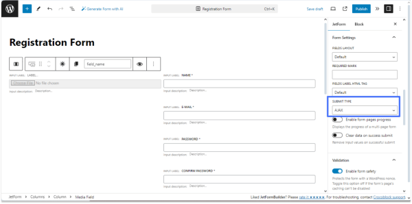 setting ajax submit type setting in the form