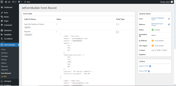 submitted form record details