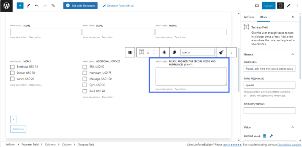 textarea field added to the form