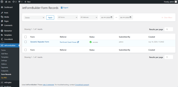 the jetformbuilder form record tab enlists all submitted forms