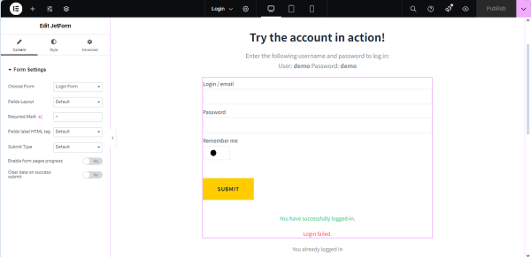 adding a form to a page via the jetform widget