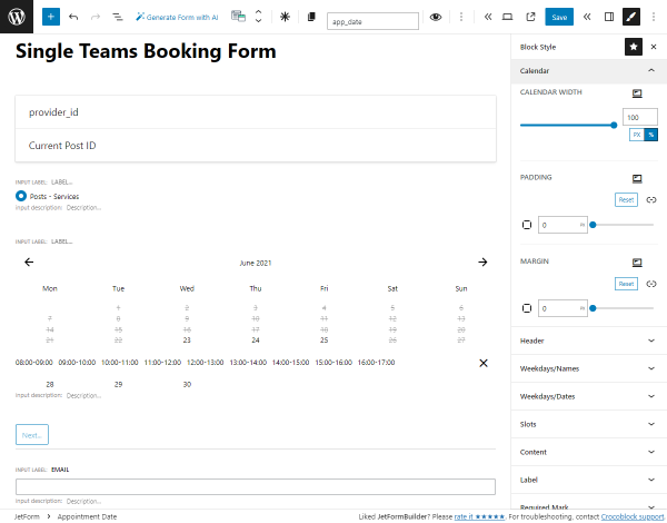 appointment date block style settings