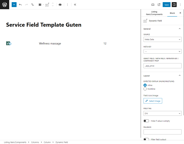 meta field block to display the appointment price