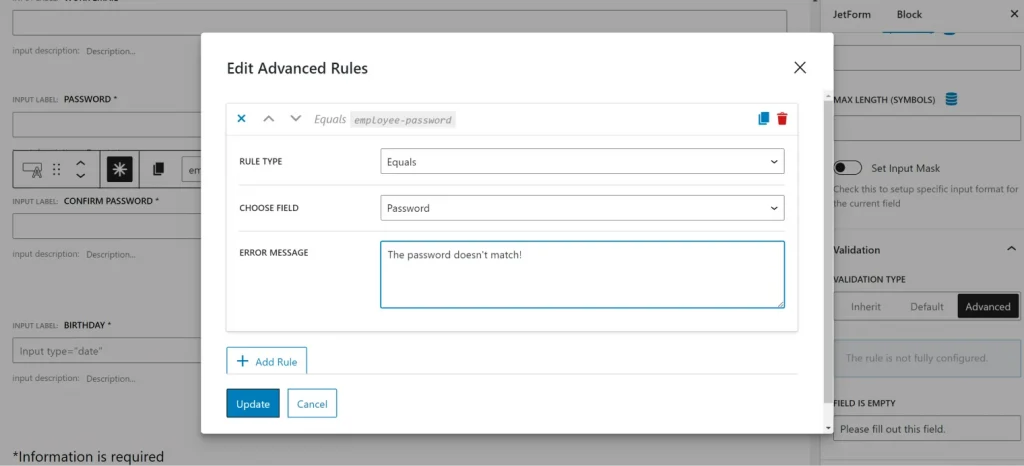 password validation in form