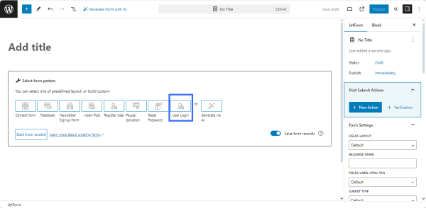 selecting a user login pre-built form