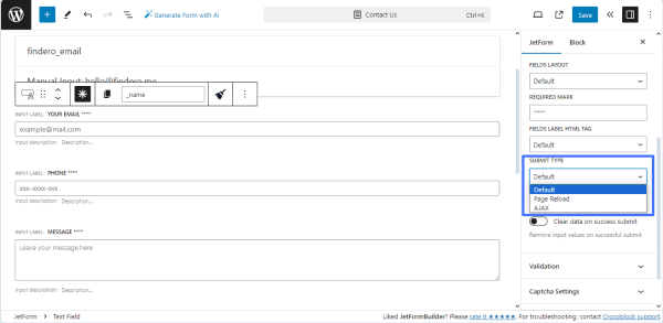 submit type field of the form settings