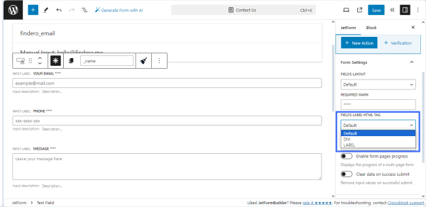 the fields label html tag field of the form settings