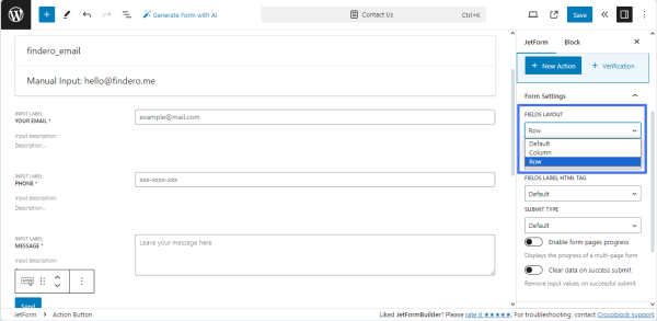 the fields layout field of the form settings