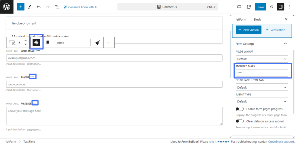 the required mark field of the form settings