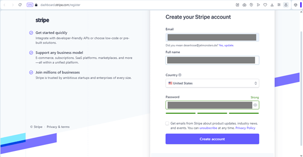 account creation form on stripe website