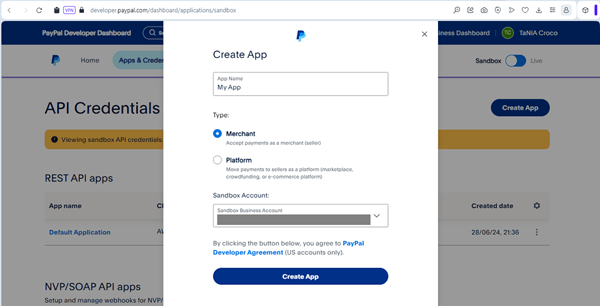 adding new app within paypal interface