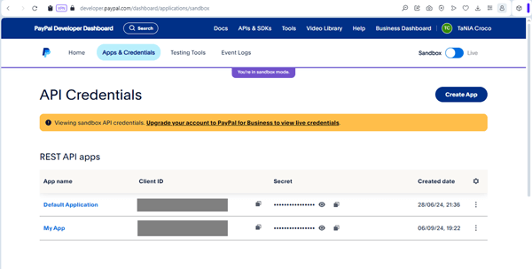 api credential enlisted in the paypal developer dashboard