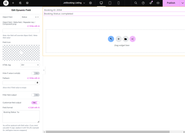 booking status dynamic field settings