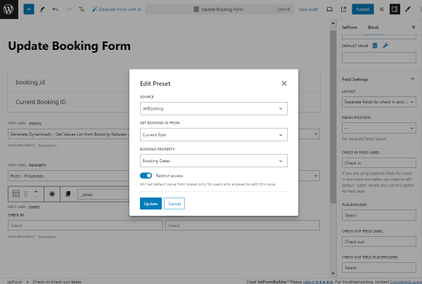 check-in check-out dates preset