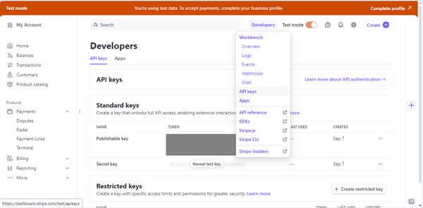 developers tab of the stripe dashboard account