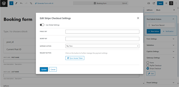 edit stripe checkout settings pop-up