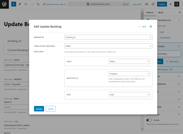 edit update booking popup