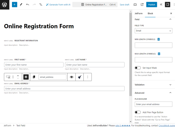 email address text field field and advanced tabs