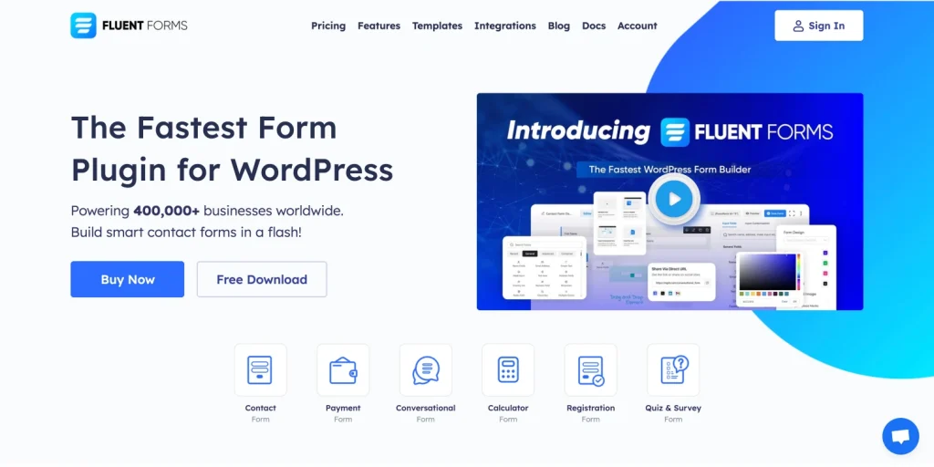 fluent forms website homepage
