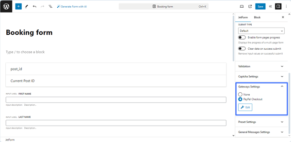 gateway settings of the form