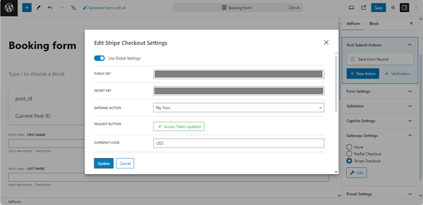 global settings applied for the stripe gateway payments