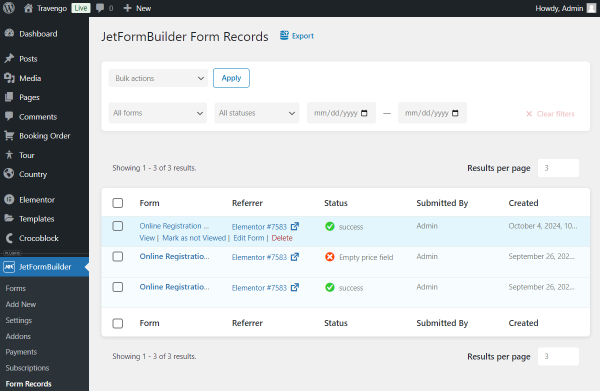 jetformbuilder form records page