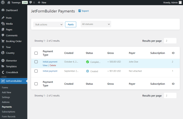 jetformbuilder payments page