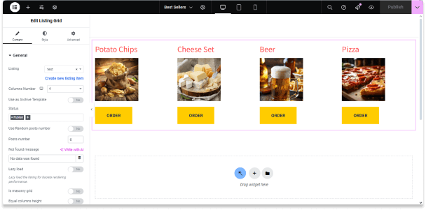 listing grid widget settings