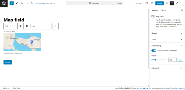 map settings of the map field