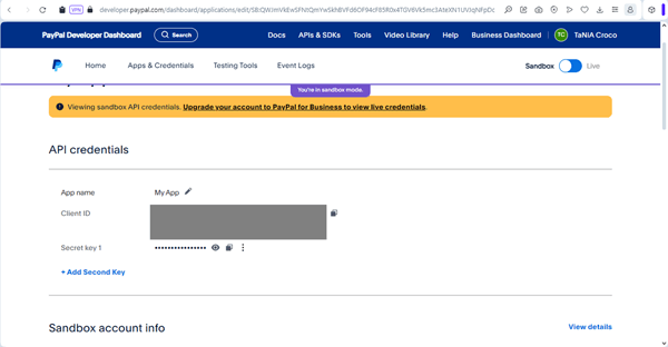 new api credential of the paypal developer dashboard