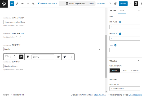 quantity number field field and advanced tabs