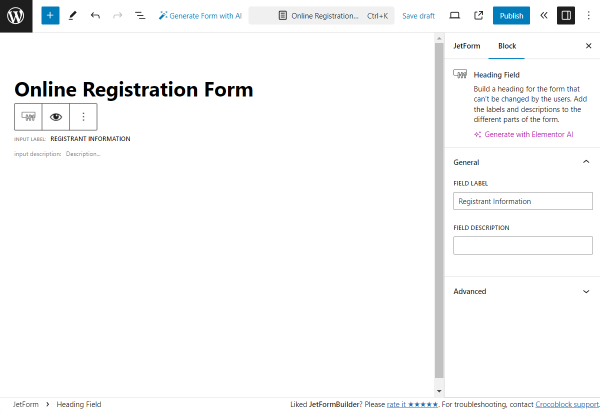 registrant information heading field