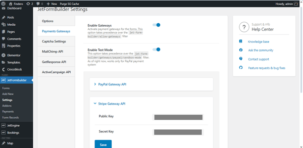 stripe gateway api keys insertion in jetformbuilder settings